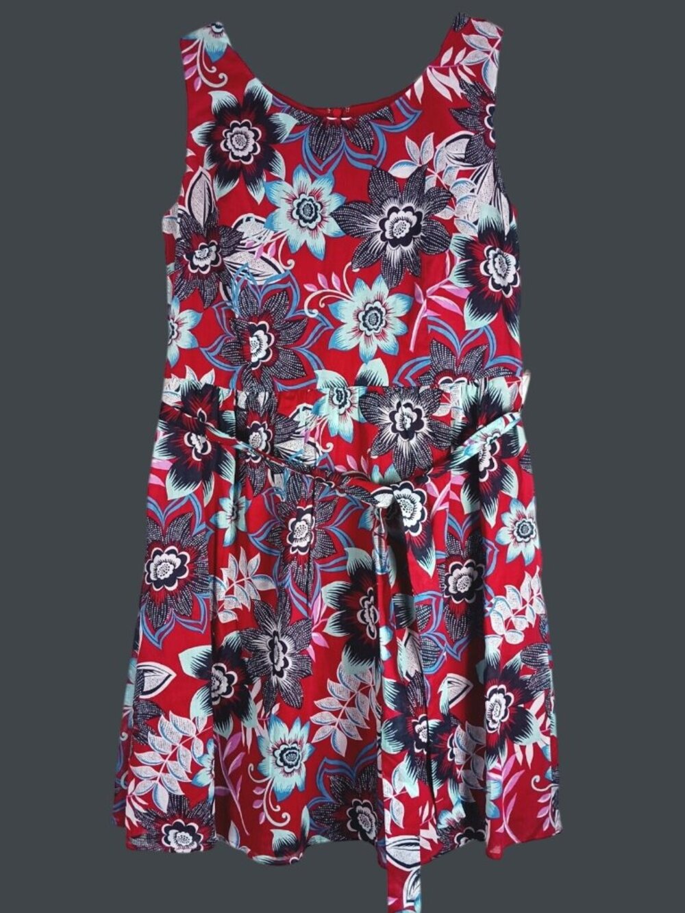 Talbots Floral Print Cotton Belted Fit Flare Dress Womens M Red Garden Summer